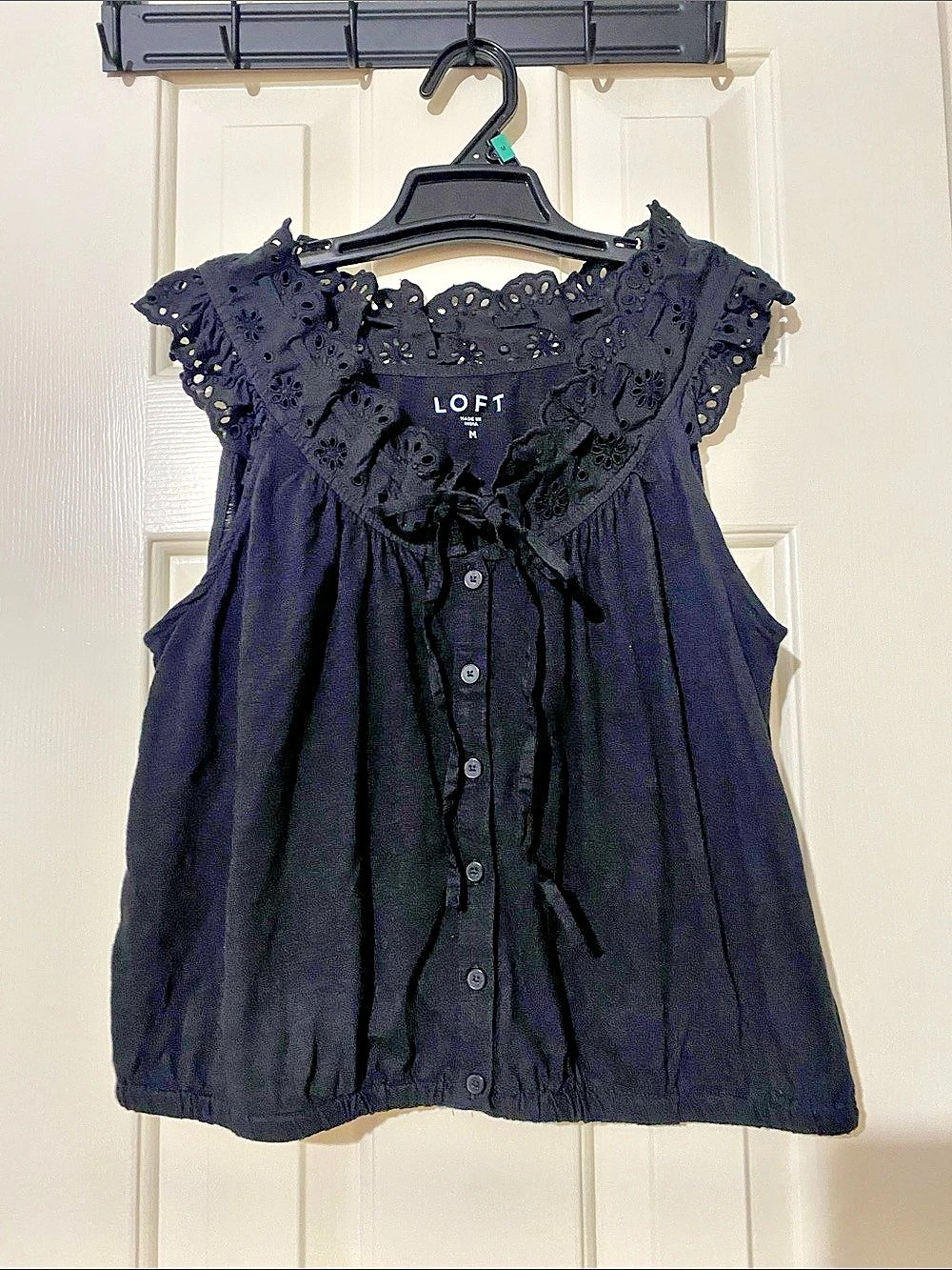 LOFT Black Eyelet Ruffle Blouse Medium Like New